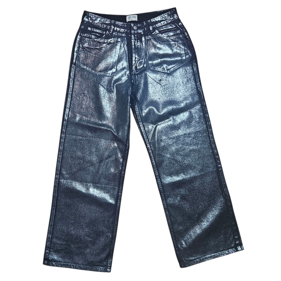 Miss Love The Metallic Jean Denim Wide Leg Pants Black Silver size Large - Picture 2 of 11